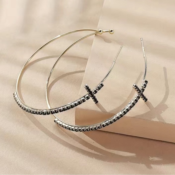 Cubic Zirconia Cross Large Hoop Earrings - Picture 3 of 5